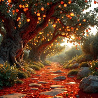 The primary subject of the image is a red pathway surrounded by trees with orange lights. The setting is a forest with a red dirt road. The visual style is a digital art or illustration, creating a vibrant and lively atmosphere. The dominant colors are red and orange, which contribute to the overall mood of the scene.